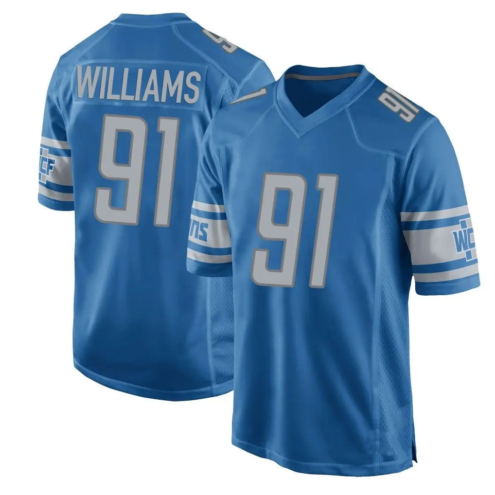 D.Lions #91 Tyleik Williams Player Blue Game Football Jerseys football jersey product view 1