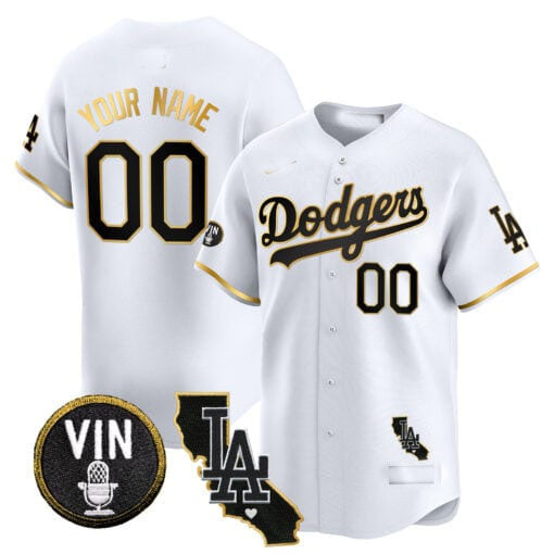 Custom Los Angeles Dodgers Vin & California Patch Gold Trim Vapor Premier Limited ¨C All Stitched Baseball Jersey baseball jersey product view 3
