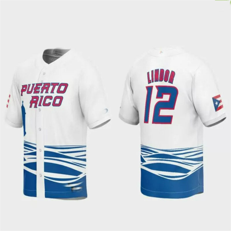 #12 Francisco Lindor Puerto Rico Baseball 2023 World Baseball Classic Replica Jersey ¨C White Stitches Baseball Jerseys baseball jersey product view 1