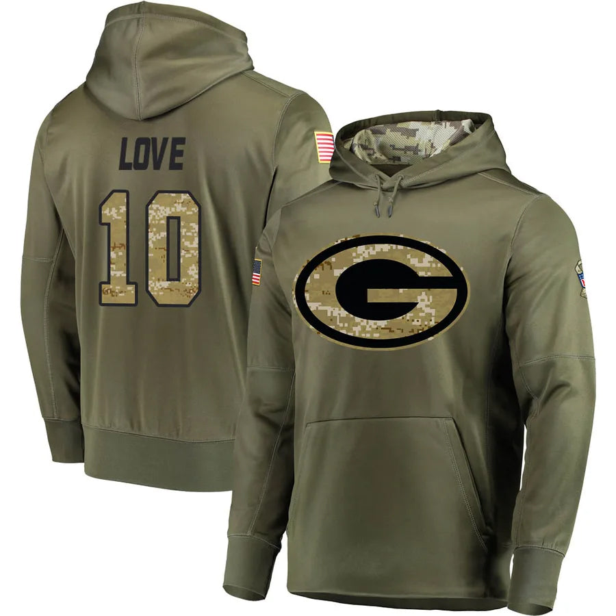 GB.Packers #10 Jordan Love Player Olive Salute to Service Pullover Hoodie Game Football Jerseys football jersey product view 1