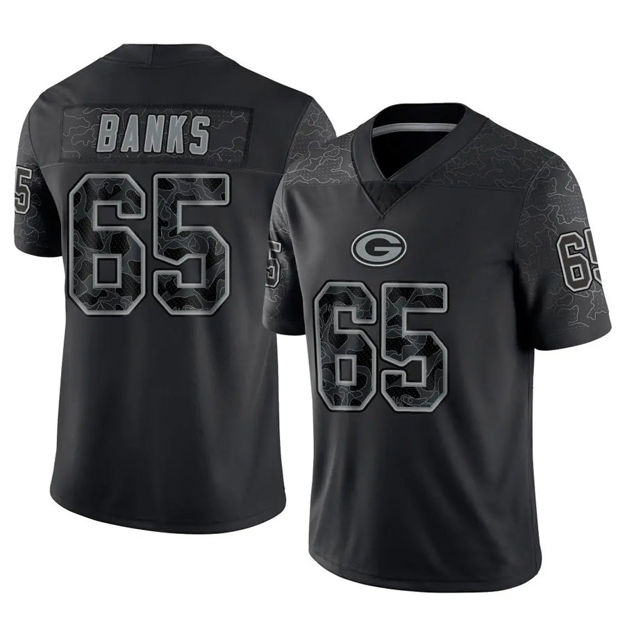 GB.Packers #65 Aaron Banks Player Black RFLCTV Limited Football Jerseys football jersey product view 1