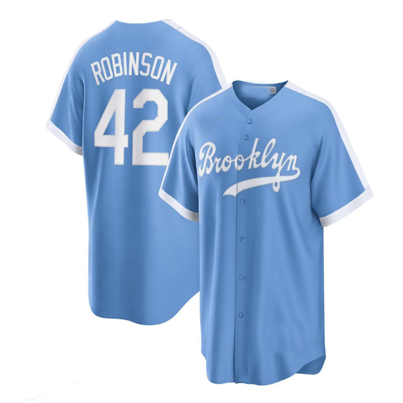 Los Angeles Dodgers #42 Jackie Robinson Brooklyn Dodgers Alternate Cooperstown Collection Player Jersey - Light Blue Baseball Jerseys baseball jersey product view 1