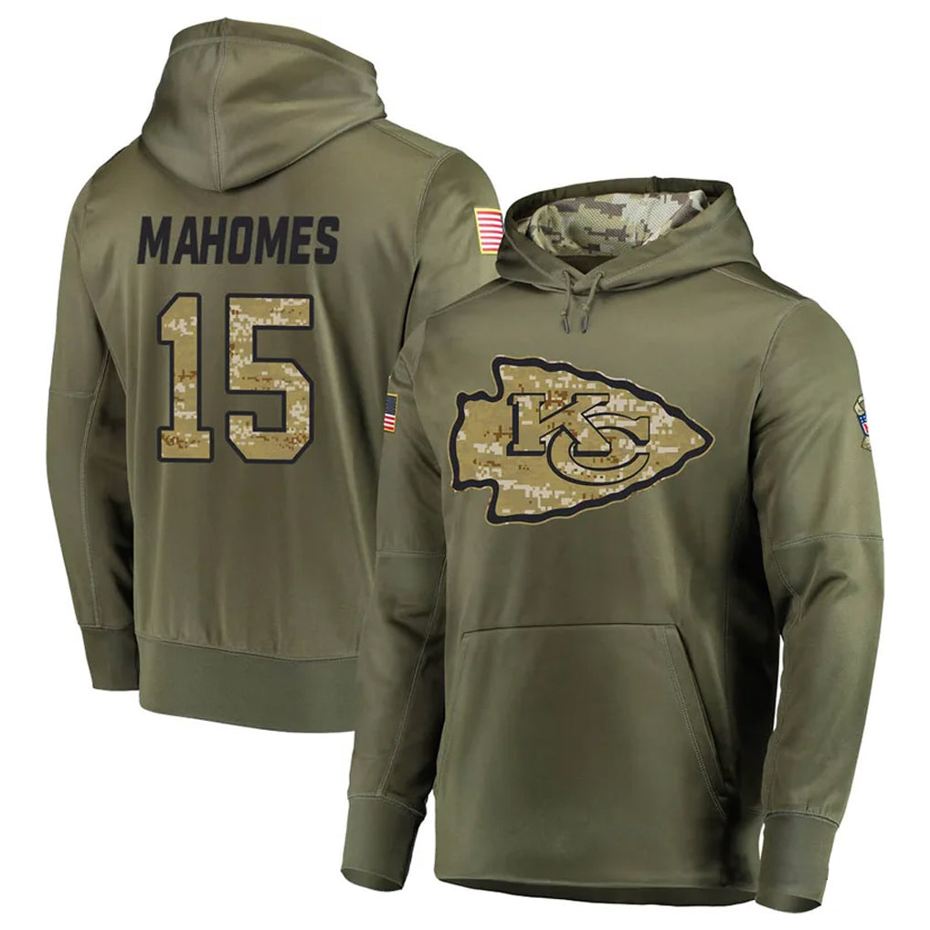 KC.Chiefs #15 Patrick Mahomes Player Salute to Service Limited Olive Hoodies Football Jerseys football jersey product view 1