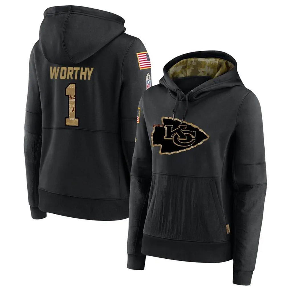 KC.Chiefs #1 Xavier Worthy Player Black Salute to Service Hoodies Football Jerseys football jersey product view 1