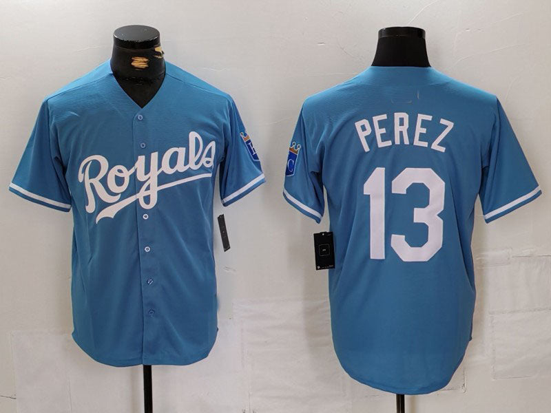 Kansas City Royals #13 Salvador Perez Light Blue Cool Base Stitched Baseball Jerseys baseball jersey product view 1