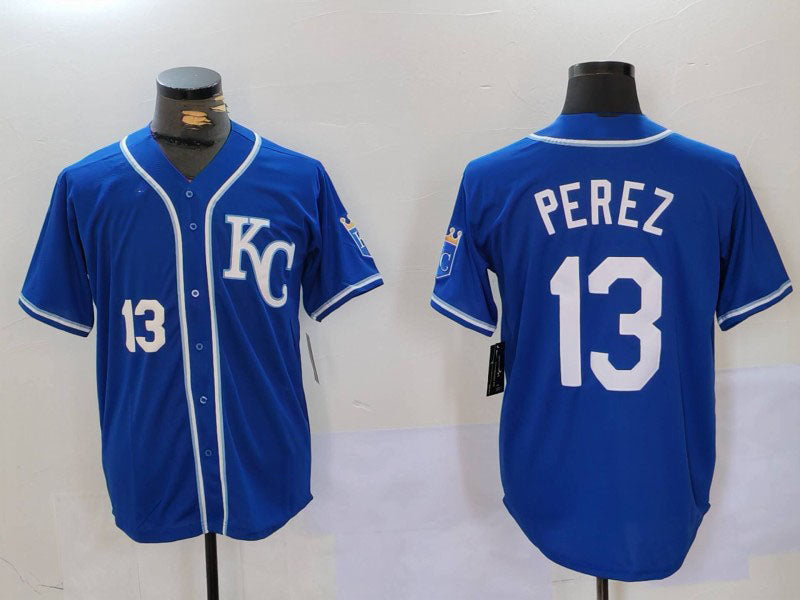 Kansas City Royals #13 Salvador Perez Number Blue KC Cool Base Stitched Baseball Jerseys baseball jersey product view 1