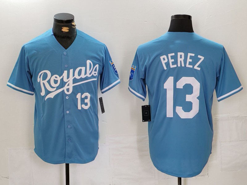 Kansas City Royals #13 Salvador Perez Number Light Blue Cool Base Stitched Baseball Jerseys baseball jersey product view 1