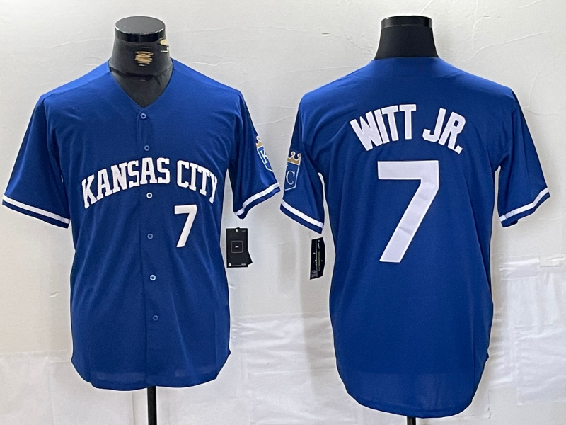 Kansas City Royals #7 Bobby Witt Jr Number Blue Cool Base Stitched Baseball Jersey baseball jersey product view 1