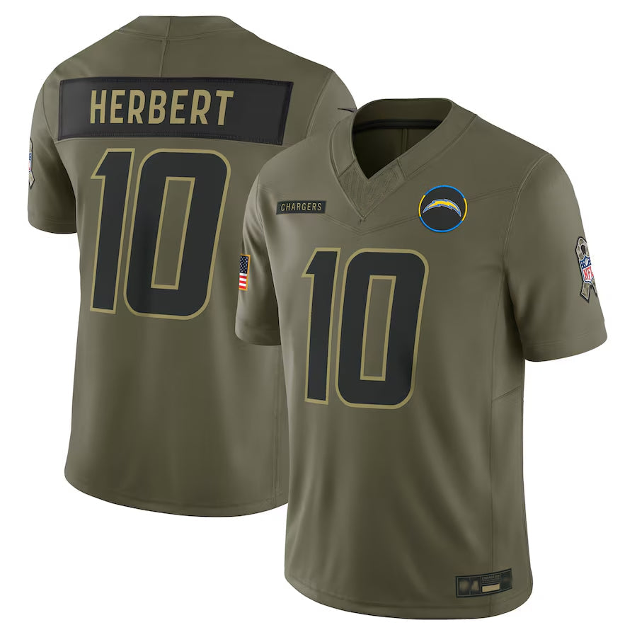 LA.Chargers #10 Justin Herbert Player Olive Salute to Service Limited Football Jerseys football jersey product view 2