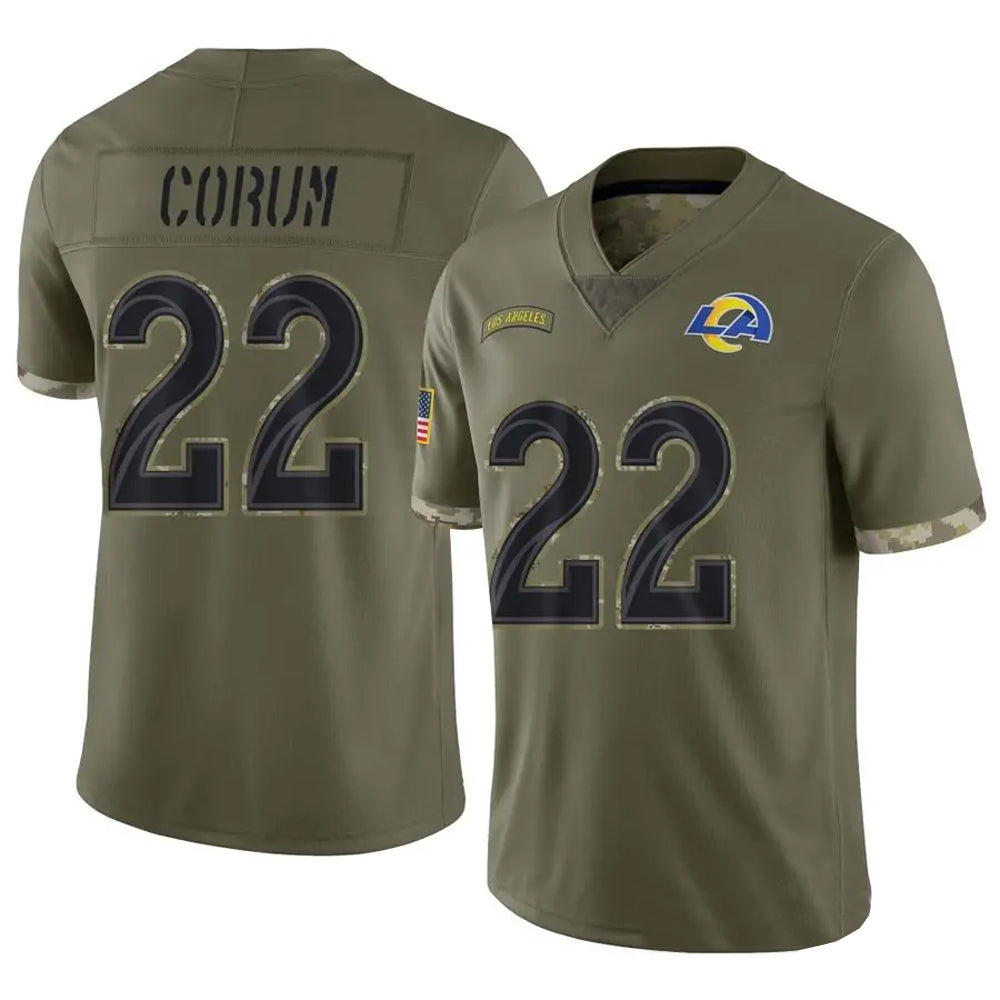 LA.Rams #22 Blake Corum Player Salute To Service Olive Football Jerseys football jersey product view 1
