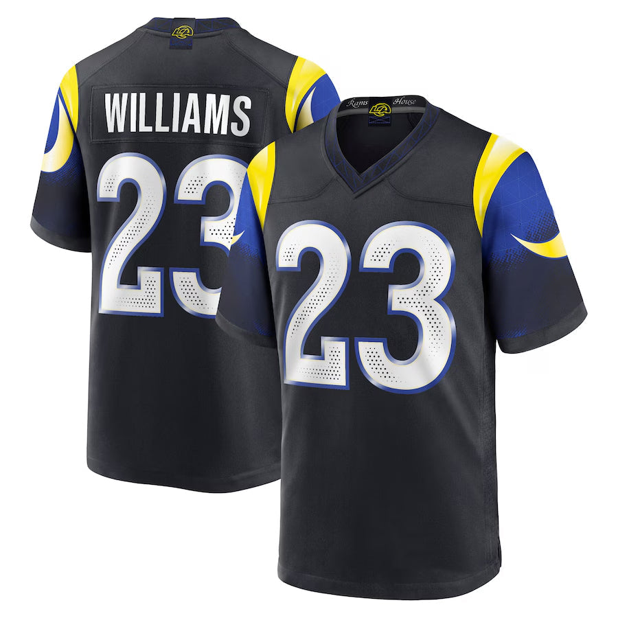 LA.Rams #23 Kyren Williams Player Midnight Blue Rivalries Collection Game Football Jerseys football jersey product view 2