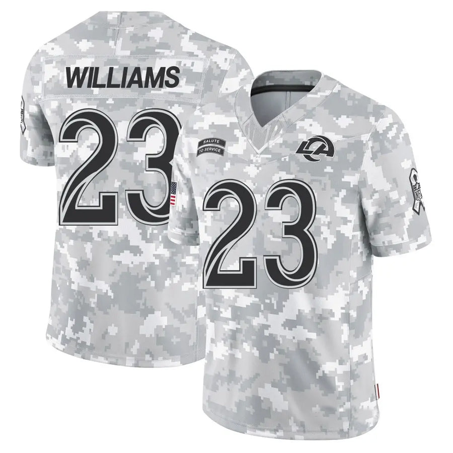 LA.Rams #23 Kyren Williams Player Arctic Camo Salute to Service Limited Football Jerseys football jersey product view 1