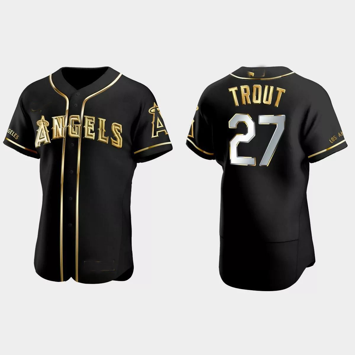 Los Angeles Angels #27 Mike Trout Gold Edition Authentic Jersey ¨C Black Men Youth Women Baseball Jerseys baseball jersey product view 1