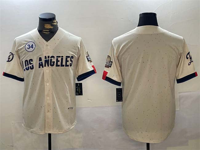 Los Angeles Dodgers Blank Cream 2024 World Series With No. 34 Patch Limited Stitched Baseball Jersey baseball jersey product view 1