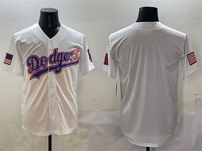 Los Angeles Dodgers Blank White With American Flag Patch Limited Stitched Baseball Jersey baseball jersey product view 1