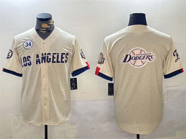 Los Angeles Dodgers Team Big Logo Cream 2024 World Series With No. 34 Patch Limited Stitched Baseball Jersey baseball jersey product view 1
