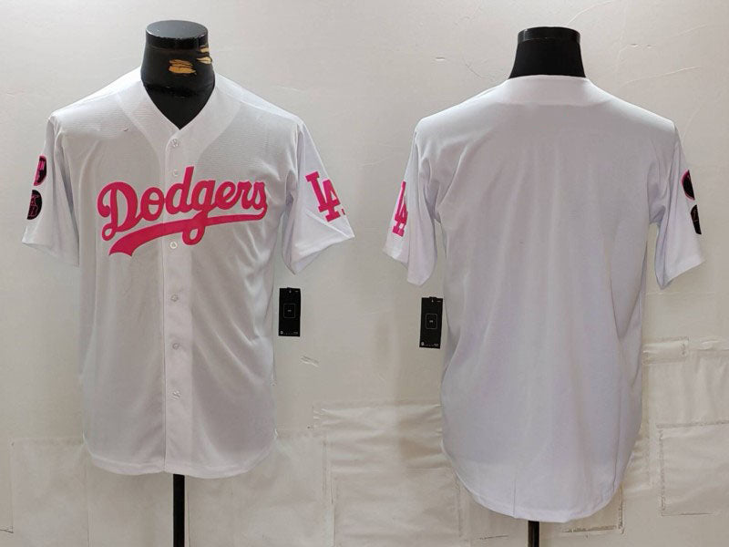 Los Angeles Dodgers Team Big Logo White Pink Vin & Kobe Patch Stitched Baseball Jersey baseball jersey product view 1