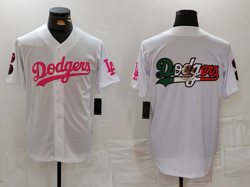 Los Angeles Dodgers Team Big Logo White Pink Vin & Kobe Patch Stitched Baseball Jersey baseball jersey product view 1