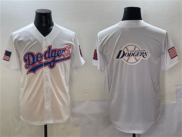 Los Angeles Dodgers Team Big Logo White With American Flag Patch Limited Stitched Baseball Jersey baseball jersey product view 1