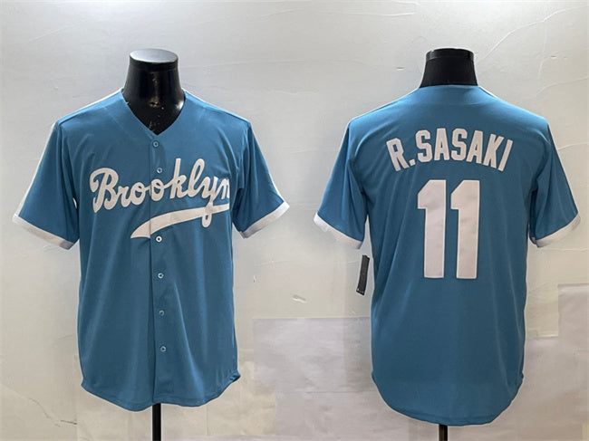 Los Angeles Dodgers #11 Roki Sasaki Blue Throwback Stitched Baseball Jersey baseball jersey product view 1