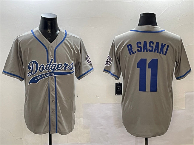 Los Angeles Dodgers #11 Roki Sasaki Gray With Patch Cool Base Stitched Baseball Jersey baseball jersey product view 1