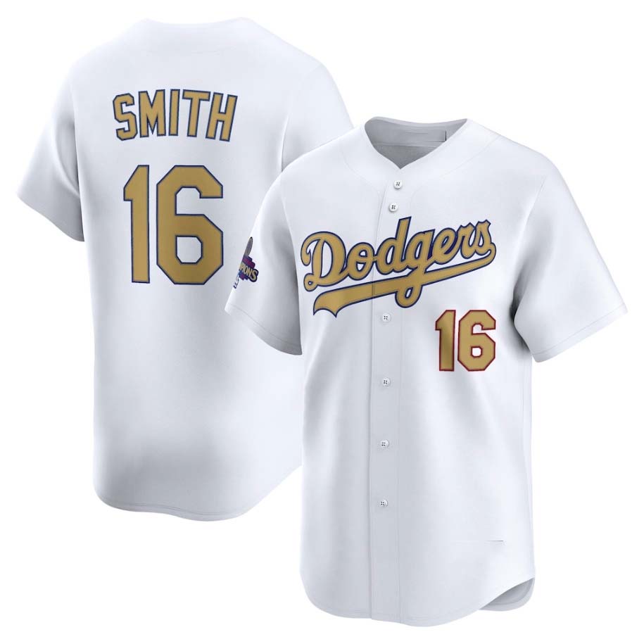 Los Angeles Dodgers #16 Will Smith White 2025 Gold Collection Limited Stitched Baseball Jersey baseball jersey product view 1