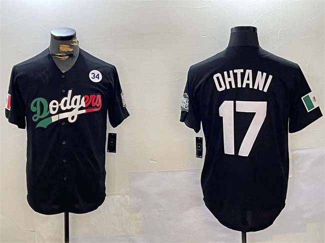 Los Angeles Dodgers #17 Shohei Ohtani Black Mexico 2024 World Series With No. 34 Patch Cool Base Stitched Baseball Jersey baseball jersey product view 1