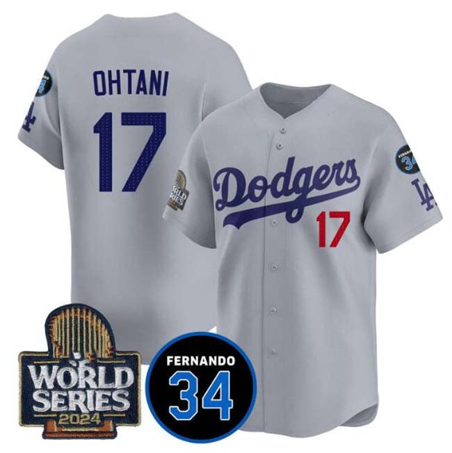 Los Angeles Dodgers #17 Shohei Ohtani Grey 2024 World Series With Fernando Memorial Patch Limited Stitched Baseball Jersey baseball jersey product view 1
