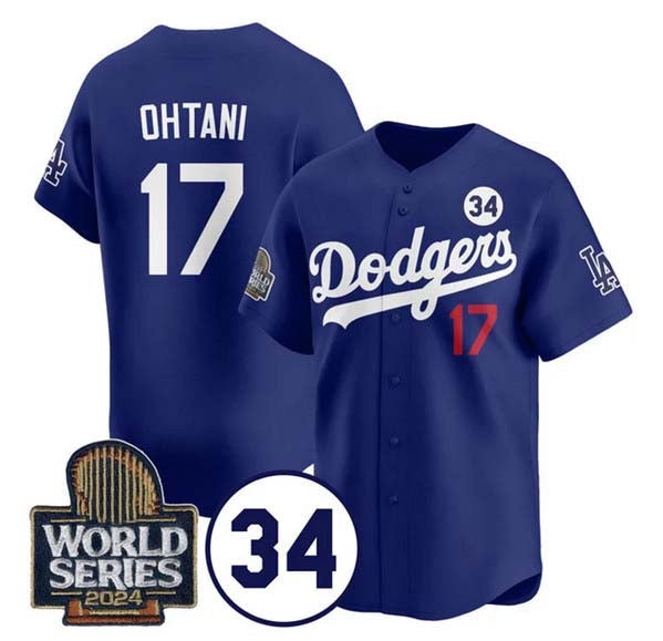 Los Angeles Dodgers #17 Shohei Ohtani Royal 2024 World Series With No. 34 Patch Cool Base Stitched Baseball Jersey baseball jersey product view 1