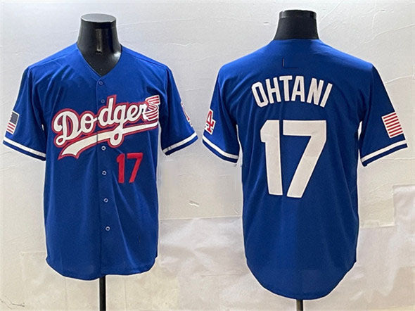 Los Angeles Dodgers #17 Shohei Ohtani Royal With American Flag Patch Limited Stitched Baseball Jersey baseball jersey product view 1