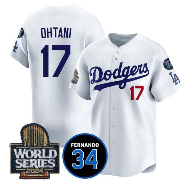 Los Angeles Dodgers #17 Shohei Ohtani White 2024 World Series With Fernando Memorial Patch Limited Stitched Baseball Jersey baseball jersey product view 1