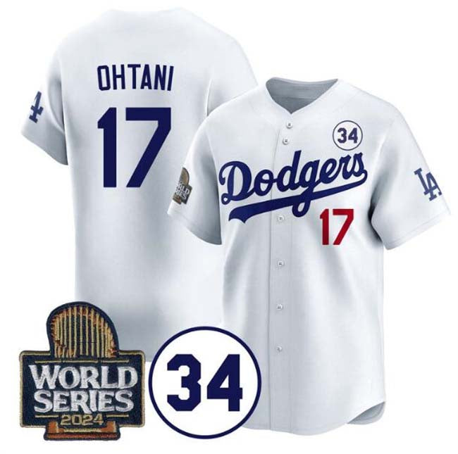 Los Angeles Dodgers #17 Shohei Ohtani White 2024 World Series With No. 34 Patch Limited Stitched Baseball Jersey baseball jersey product view 1