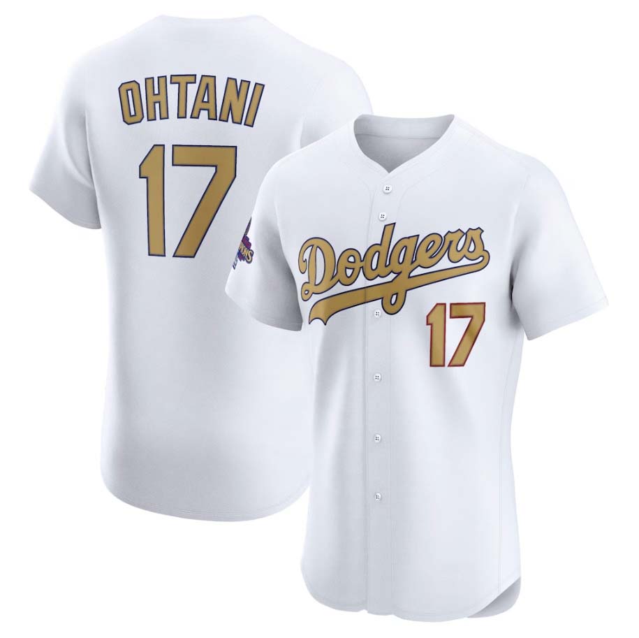 Los Angeles Dodgers #17 Shohei Ohtani White 2025 Gold Collection Elite Stitched Baseball Jersey baseball jersey product view 1
