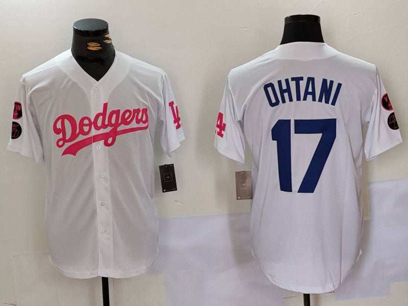 Los Angeles Dodgers #17 Shohei Ohtani White Pink Vin & Kobe Patch Stitched Baseball Jersey baseball jersey product view 1