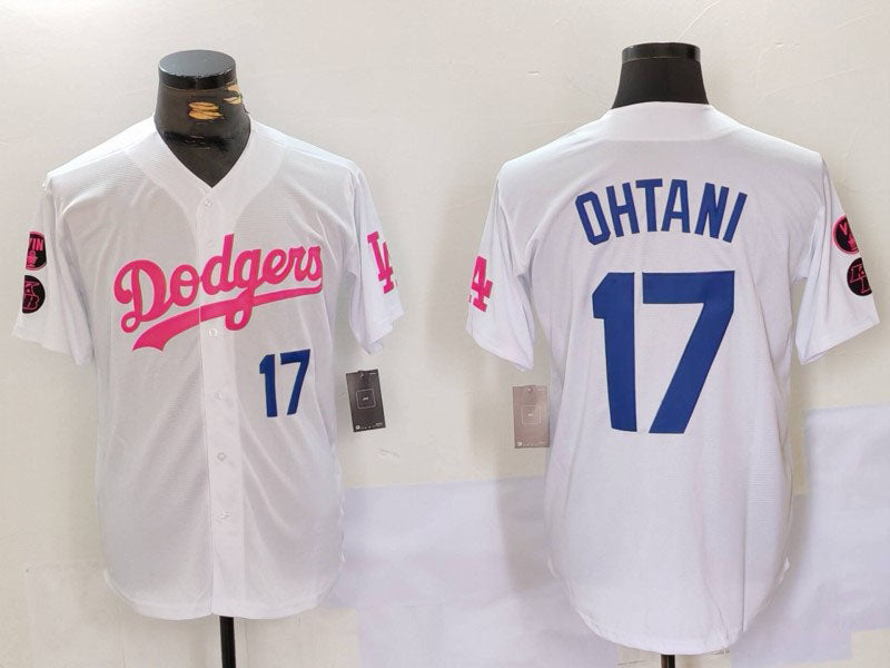 Los Angeles Dodgers #17 Shohei Ohtani White Pink Vin & Kobe Patch Stitched Baseball Jersey baseball jersey product view 1