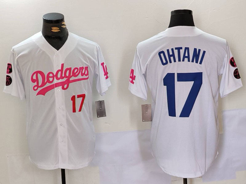Los Angeles Dodgers #17 Shohei Ohtani White Pink Vin & Kobe Patch Stitched Baseball Jerseys baseball jersey product view 1