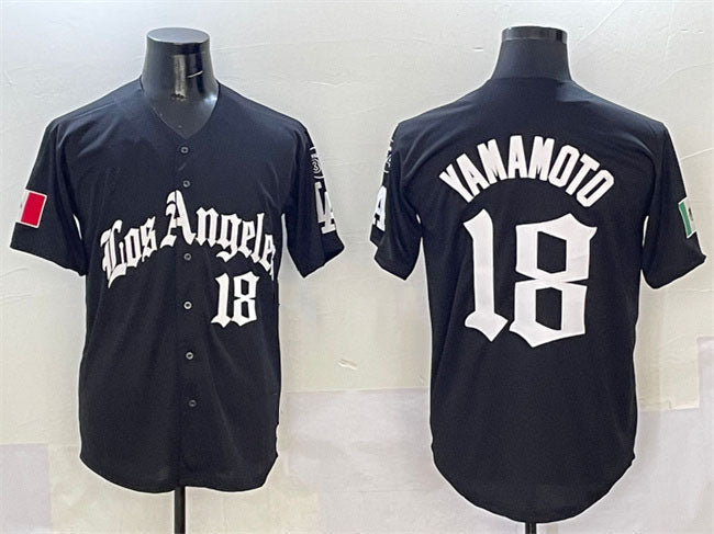 Los Angeles Dodgers #18 Yoshinobu Yamamoto Black Mexico 2025 LA Gothic Style With Fernando Patch Vapor Premier Limited Stitched Baseball Jersey baseball jersey product view 1
