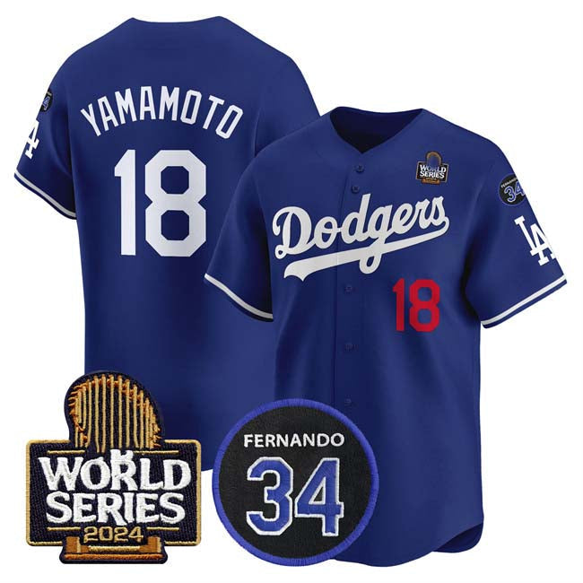 Los Angeles Dodgers #18 Yoshinobu Yamamoto Royal 2024 World Series With Fernando Memorial Patch Limited Stitched Baseball Jersey baseball jersey product view 1