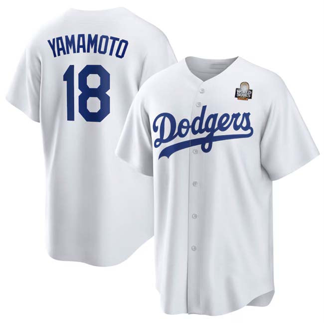 Los Angeles Dodgers #18 Yoshinobu Yamamoto White 2024 World Series Cool Base Stitched Baseball Jersey baseball jersey product view 1