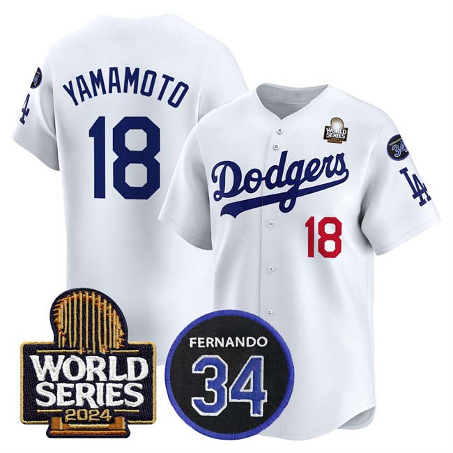 Los Angeles Dodgers #18 Yoshinobu Yamamoto White 2024 World Series With Fernando Memorial Patch Limited Stitched Baseball Jersey baseball jersey product view 1
