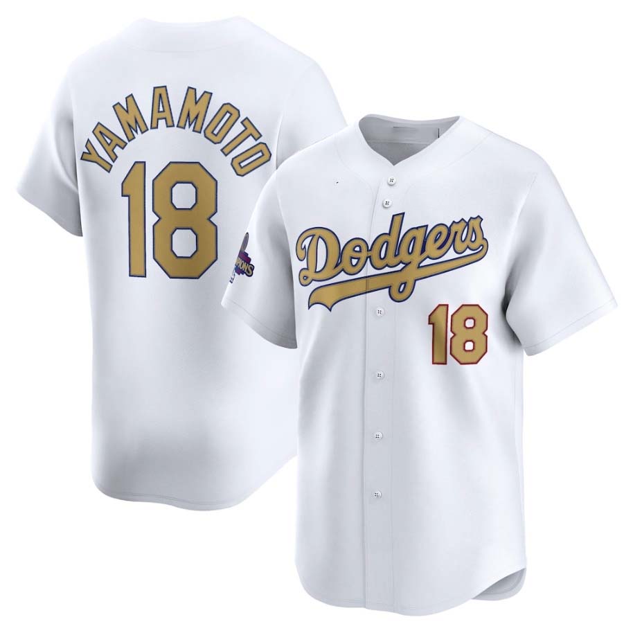 Los Angeles Dodgers #18 Yoshinobu Yamamoto White 2025 Gold Collection Limited Stitched Baseball Jersey baseball jersey product view 1