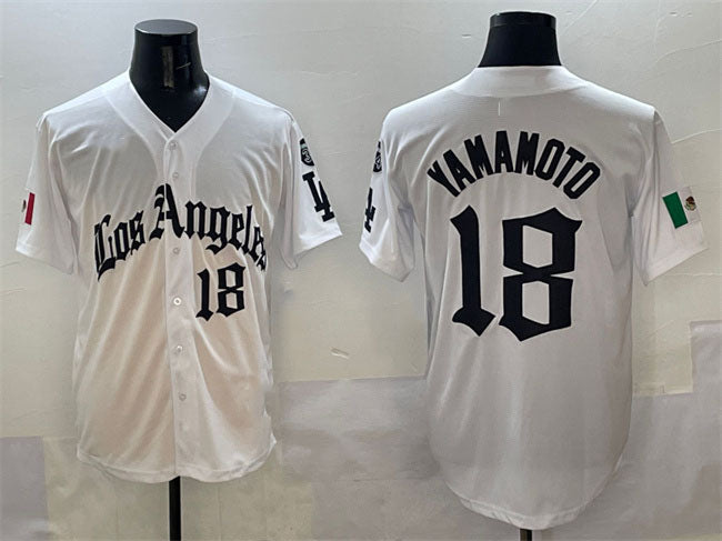 Los Angeles Dodgers #18 Yoshinobu Yamamoto White Mexico 2025 LA Gothic Style With Fernando Patch Vapor Premier Limited Stitched Baseball Jersey baseball jersey product view 1