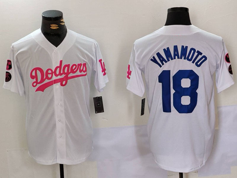 Los Angeles Dodgers #18 Yoshinobu Yamamoto White Pink Vin & Kobe Patch Stitched Baseball Jersey baseball jersey product view 1