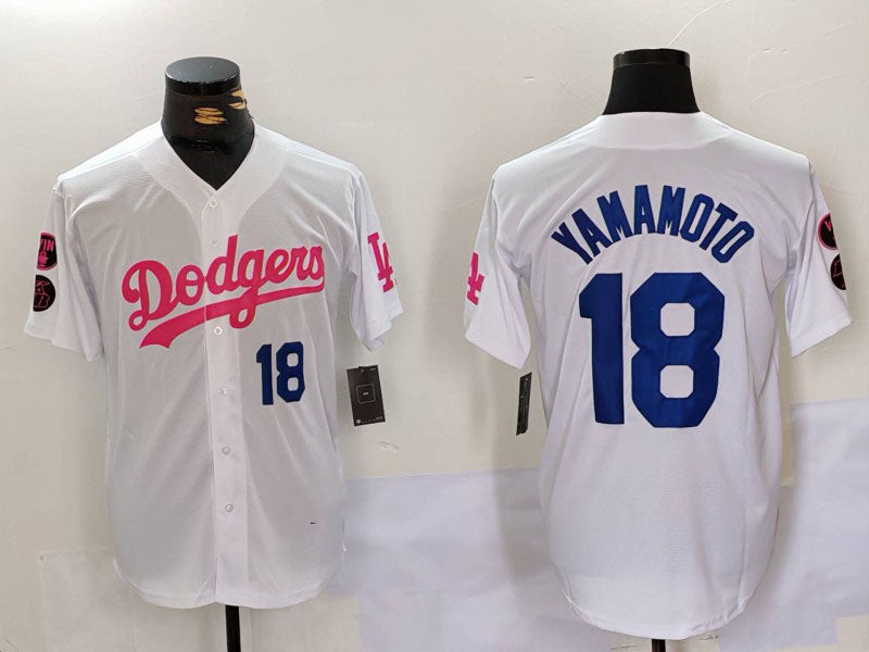 Los Angeles Dodgers #18 Yoshinobu Yamamoto White Pink Vin & Kobe Patch Stitched Baseball Jersey baseball jersey product view 1