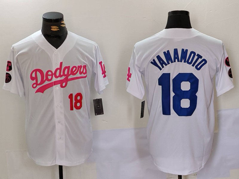 Los Angeles Dodgers #18 Yoshinobu Yamamoto White Pink Vin & Kobe Patch Stitched Baseball Jersey baseball jersey product view 1