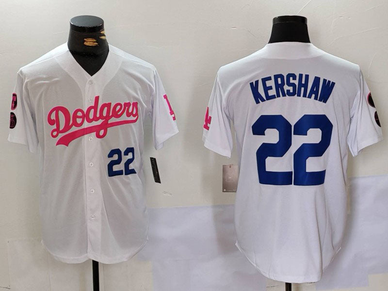 Los Angeles Dodgers #22 Clayton Kershaw White Pink Vin & Kobe Patch Stitched Baseball Jersey baseball jersey product view 1