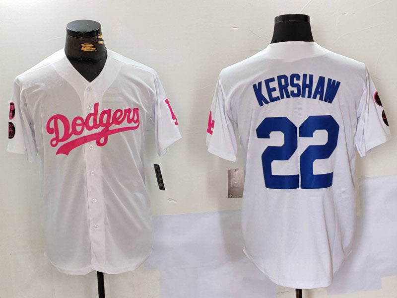 Los Angeles Dodgers #22 Clayton Kershaw White Pink Vin & Kobe Patch Stitched Baseball Jersey baseball jersey product view 1
