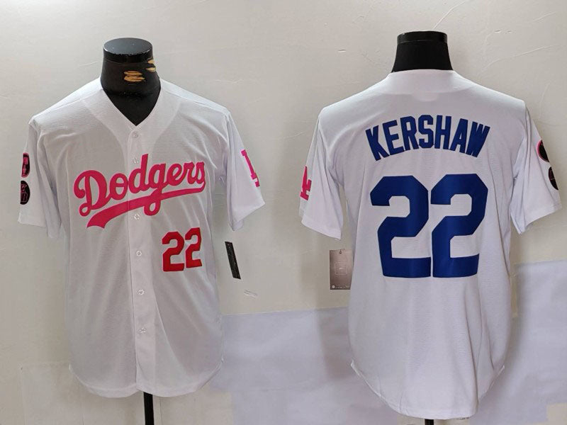 Los Angeles Dodgers #22 Clayton Kershaw White Pink Vin & Kobe Patch Stitched Baseball Jersey baseball jersey product view 1