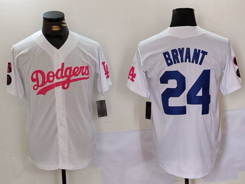 Los Angeles Dodgers #24 Kobe Bryant White Pink Vin & Kobe Patch Stitched Baseball Jersey baseball jersey product view 1