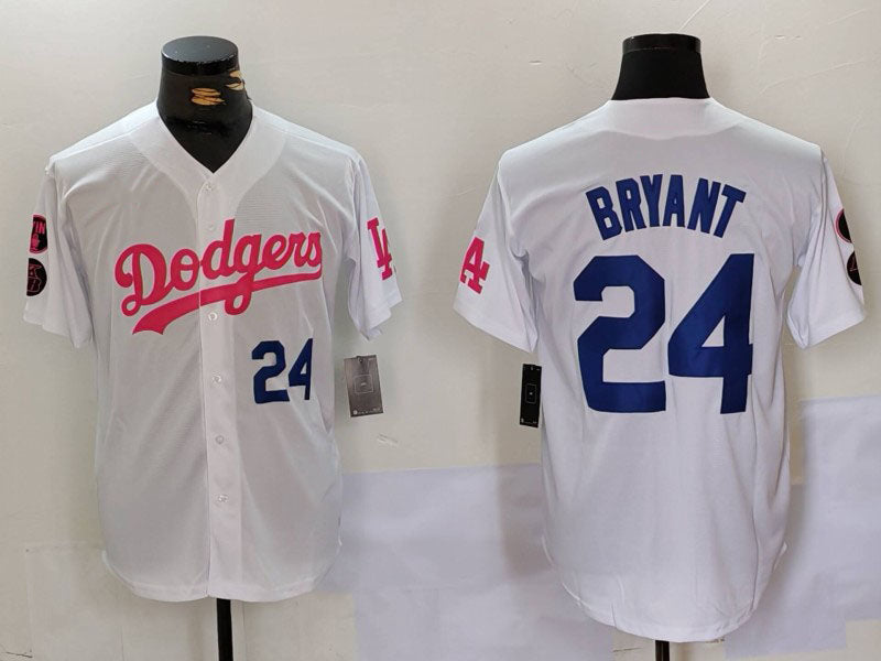 Los Angeles Dodgers #24 Kobe Bryant White Pink Vin & Kobe Patch Stitched Baseball Jersey baseball jersey product view 1